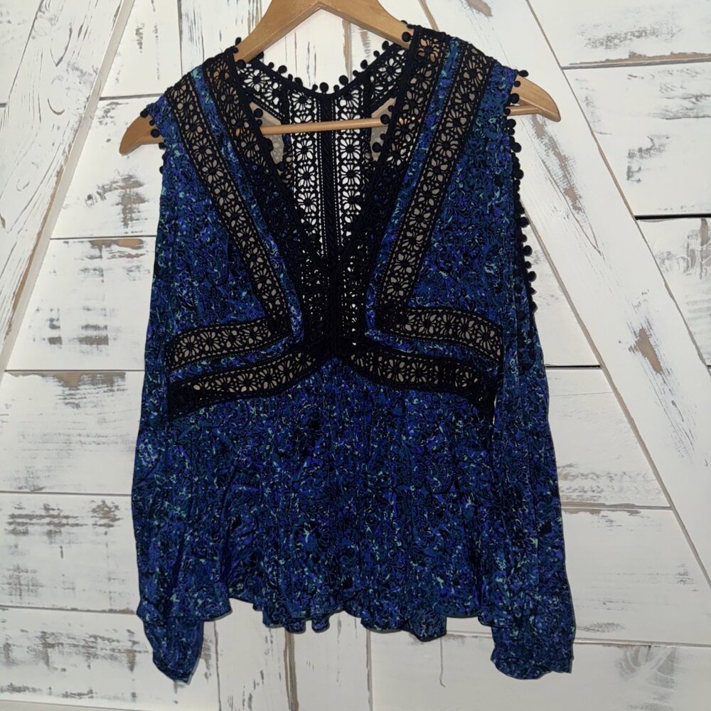 Rebecca Taylor Silk Blouse 4 Blue Lace Festival Floral Fairy Grunge Whimsigoth